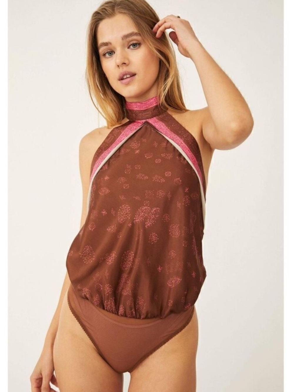 Free People 1 Thing Halter Bodysuit Brown Pink Paisley Boho Open Back S - Picture 1 of 7